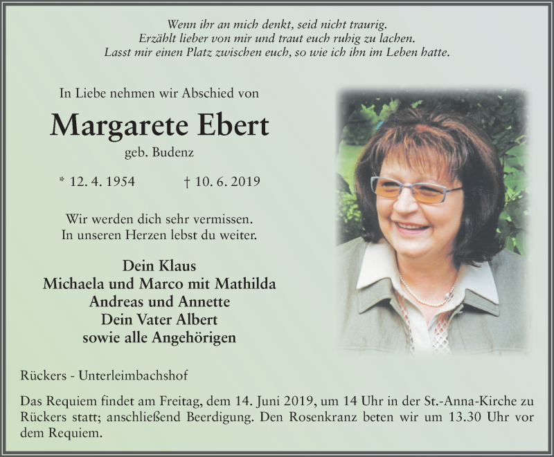  Traueranzeige für Margarete Ebert vom 12.06.2019 aus FZ