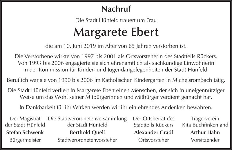  Traueranzeige für Margarete Ebert vom 14.06.2019 aus FZ