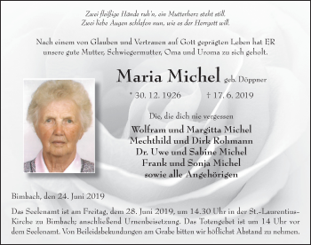 Traueranzeige von Maria Michel von FZ