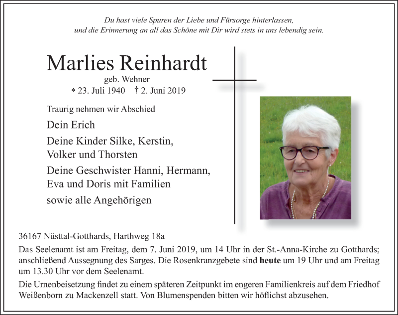  Traueranzeige für Marlies Reinhardt vom 05.06.2019 aus FZ