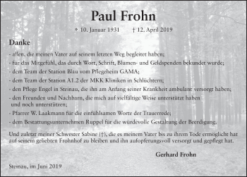 Traueranzeige von Paul Frohn von FZ