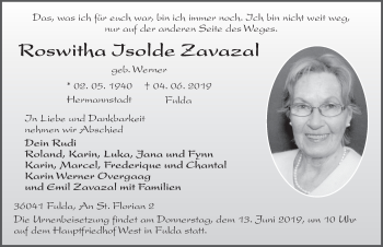 Traueranzeige von Roswitha Isolde Zavazal von FZ