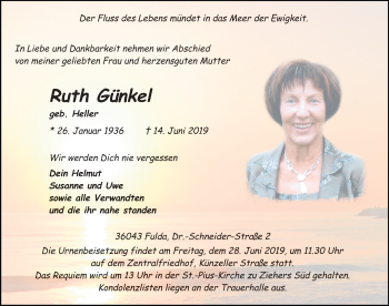 Traueranzeige von Ruth Günkel von FZ