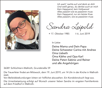 Traueranzeige von Sandra Leipold von FZ