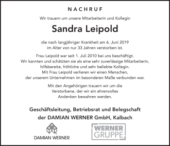 Traueranzeige von Sandra Leipold von FZ