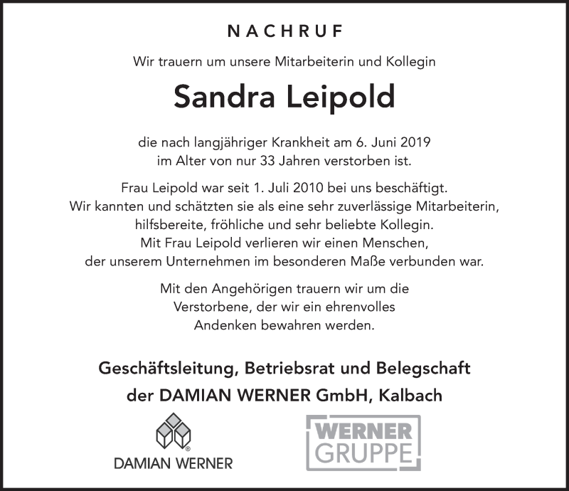  Traueranzeige für Sandra Leipold vom 13.06.2019 aus FZ