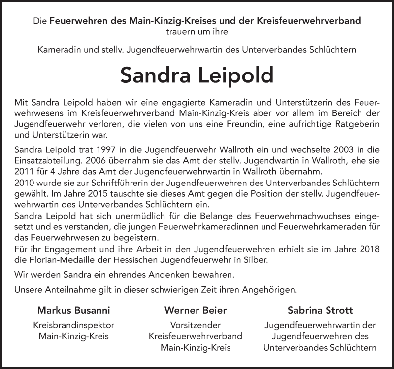  Traueranzeige für Sandra Leipold vom 19.06.2019 aus FZ