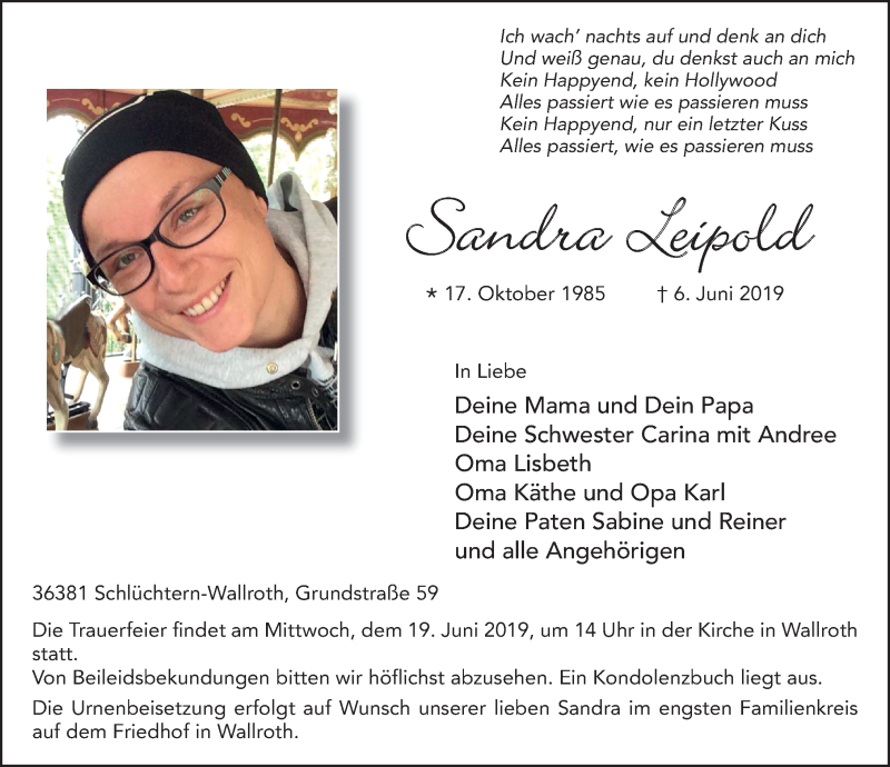  Traueranzeige für Sandra Leipold vom 12.06.2019 aus FZ