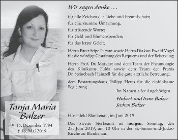 Traueranzeige von Tanja Maria Balzer von FZ