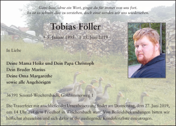 Traueranzeige von Tobias F?ller von FZ