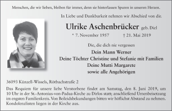 Traueranzeige von Ulrike Aschenbrücker von FZ