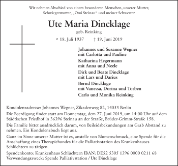 Traueranzeige von Ute Maria Dincklage von FZ