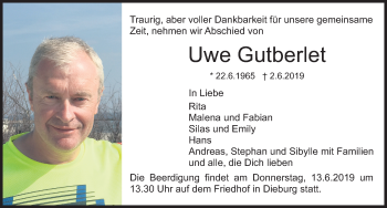 Traueranzeige von Uwe Gutberlet von FZ
