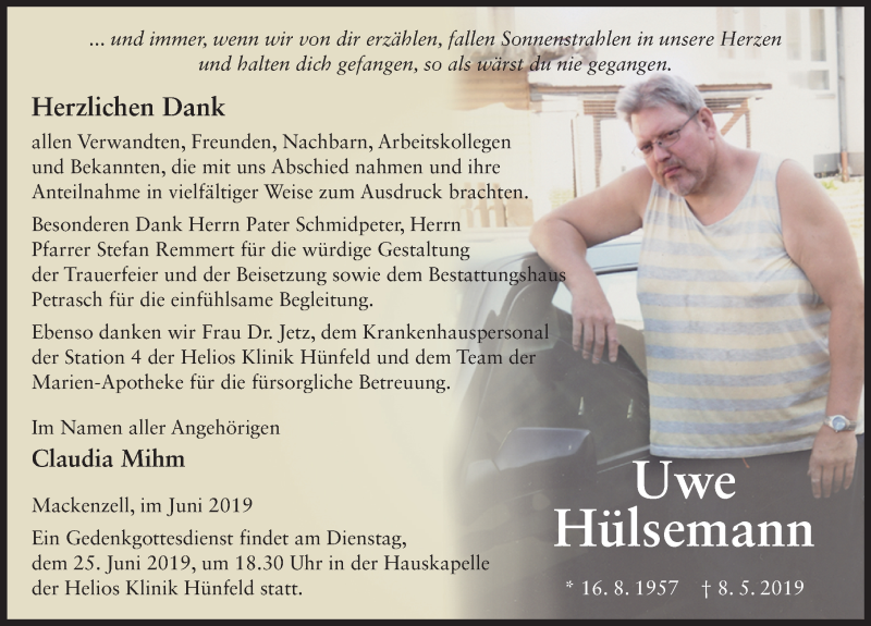  Traueranzeige für Uwe Hülsemann vom 22.06.2019 aus FZ
