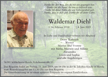 Traueranzeige von Waldemar Diehl von FZ