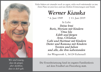 Traueranzeige von Werner Kiauka von FZ