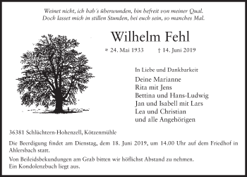 Traueranzeige von Wilhelm Fehl von FZ
