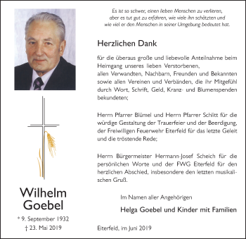 Traueranzeige von Wilhelm Goebel von FZ