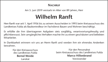 Traueranzeige von Wilhelm Ranft von FZ