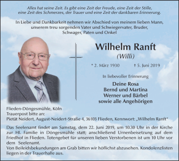 Traueranzeige von Wilhelm Ranft von FZ
