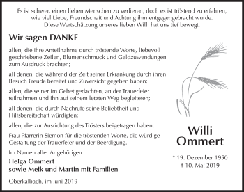 Traueranzeige von Willi Ommert von FZ