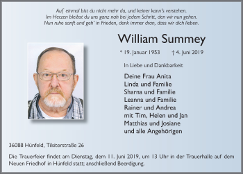 Traueranzeige von William Summey von FZ