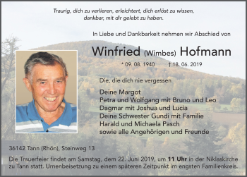 Traueranzeige von Winfried Hofmann von FZ