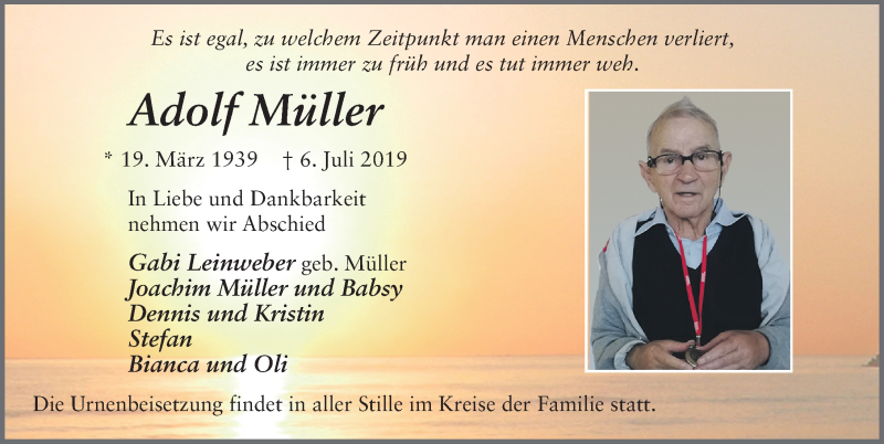  Traueranzeige für Adolf Müller vom 10.07.2019 aus FZ