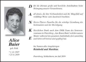 Traueranzeige von Alice Baier von FZ