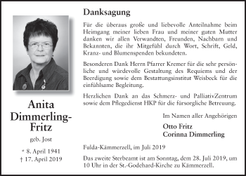 Traueranzeige von Anita Dimmerling-Fritz von FZ