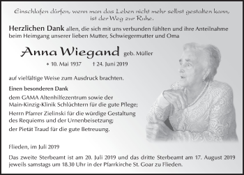 Traueranzeige von Anna Wiegand von FZ