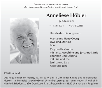 Traueranzeige von Anneliese Höbler von FZ