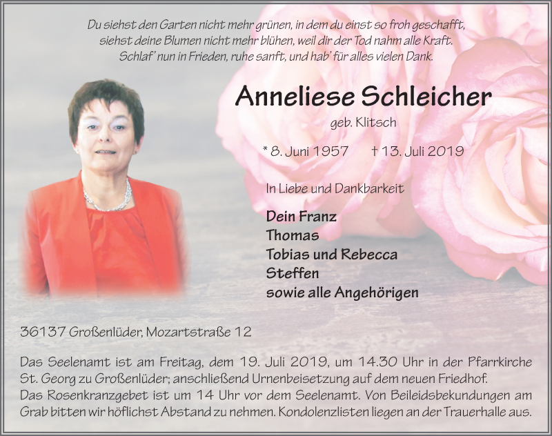  Traueranzeige für Anneliese Schleicher vom 17.07.2019 aus FZ