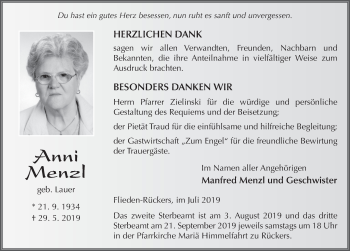 Traueranzeige von Anni Menzl von FZ