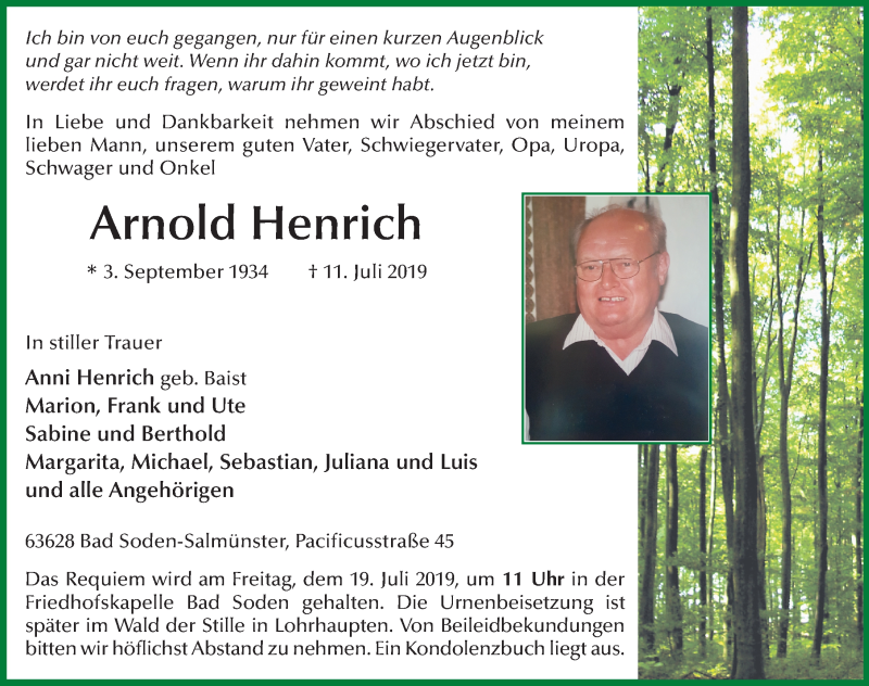  Traueranzeige für Arnold Henrich vom 16.07.2019 aus FZ