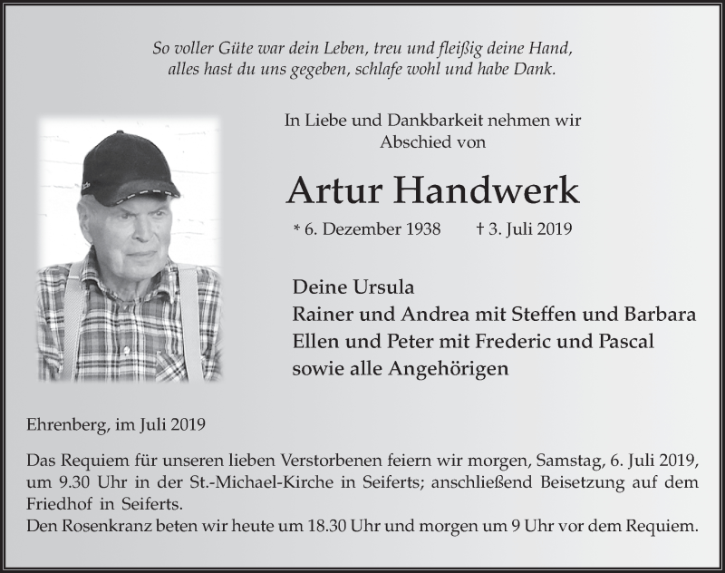  Traueranzeige für Artur Handwerk vom 05.07.2019 aus FZ