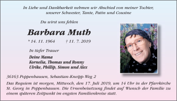Traueranzeige von Barbara Muth von FZ