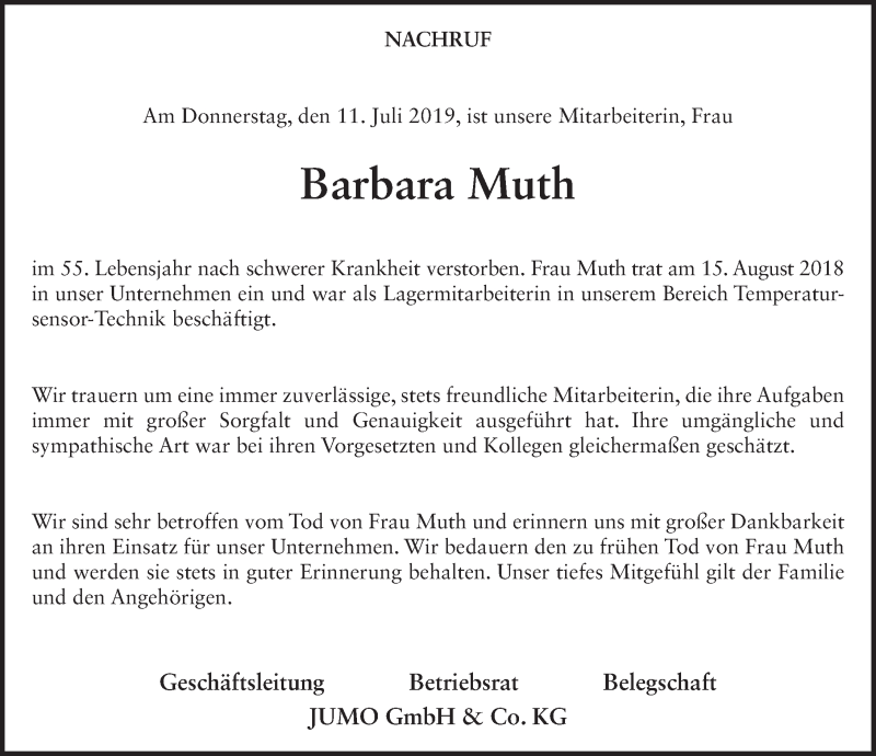  Traueranzeige für Barbara Muth vom 17.07.2019 aus FZ
