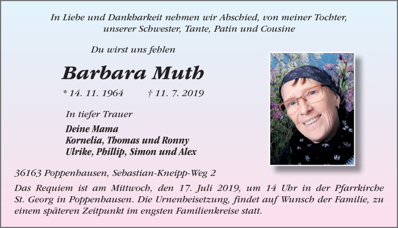  Traueranzeige für Barbara Muth vom 15.07.2019 aus FZ