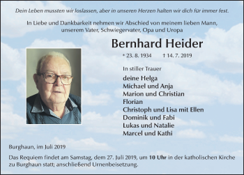 Traueranzeige von Bernhard Heider von FZ