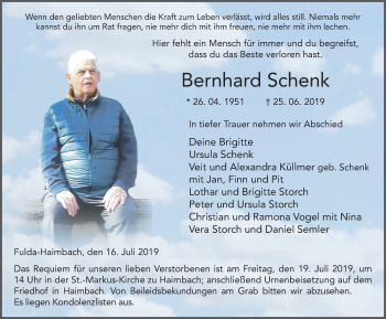 Traueranzeige von Bernhard Schenk von FZ