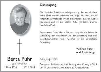 Traueranzeige von Berta Puhr von FZ