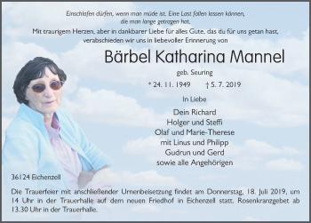 Traueranzeige von Bärbel Katharina Mannel von FZ