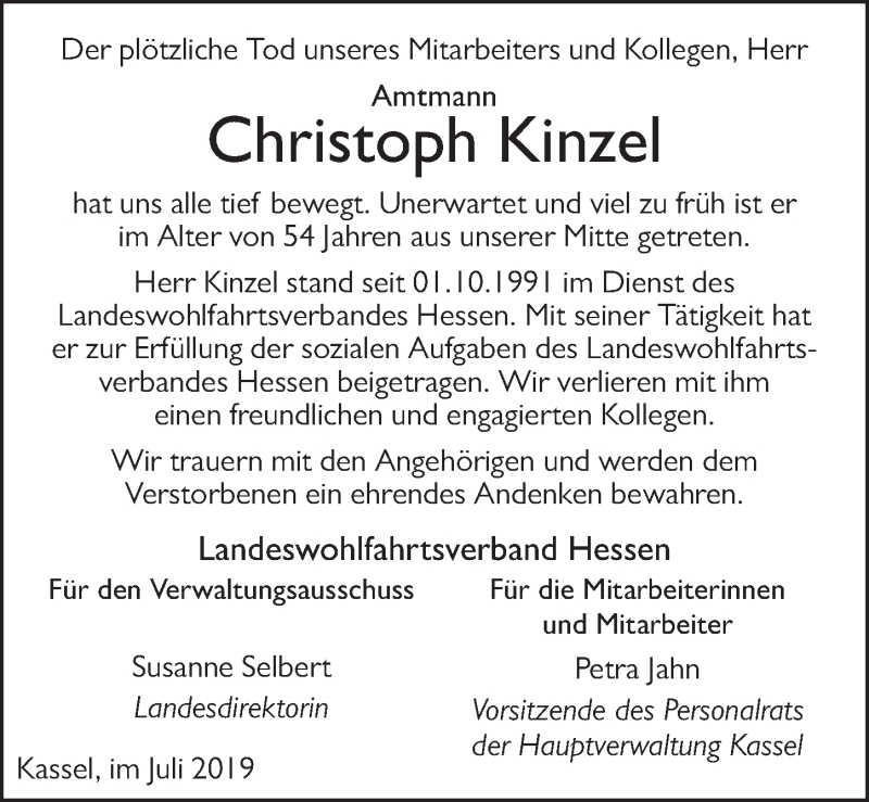  Traueranzeige für Christoph Kinzel vom 31.07.2019 aus FZ