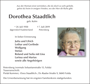 Traueranzeige von Dorothea Staadtlich von FZ