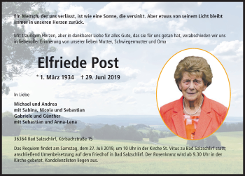 Traueranzeige von Elfriede Post von FZ