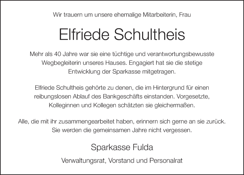  Traueranzeige für Elfriede Schultheis vom 18.07.2019 aus FZ