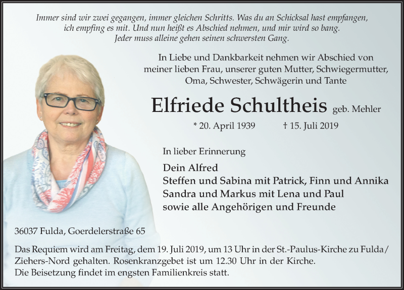  Traueranzeige für Elfriede Schultheis vom 17.07.2019 aus FZ
