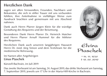 Traueranzeige von Elvira Ptaschek von FZ