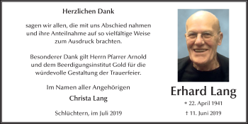 Traueranzeige von Erhard Lang von FZ